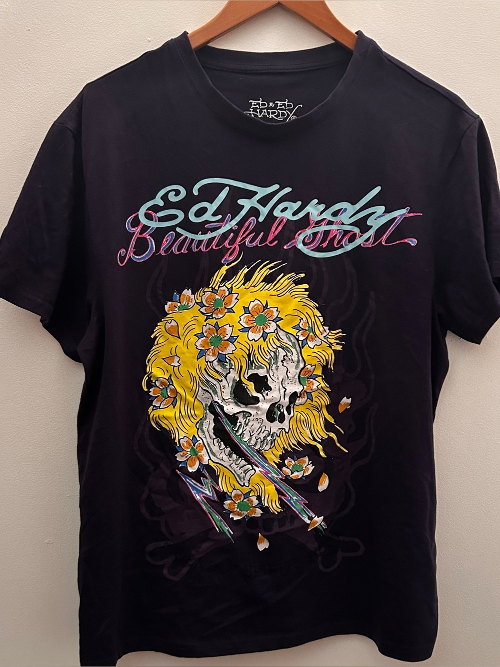 Ed Hardy Black Short-Sleeve Tee with Yellow Floral Skull Graphic